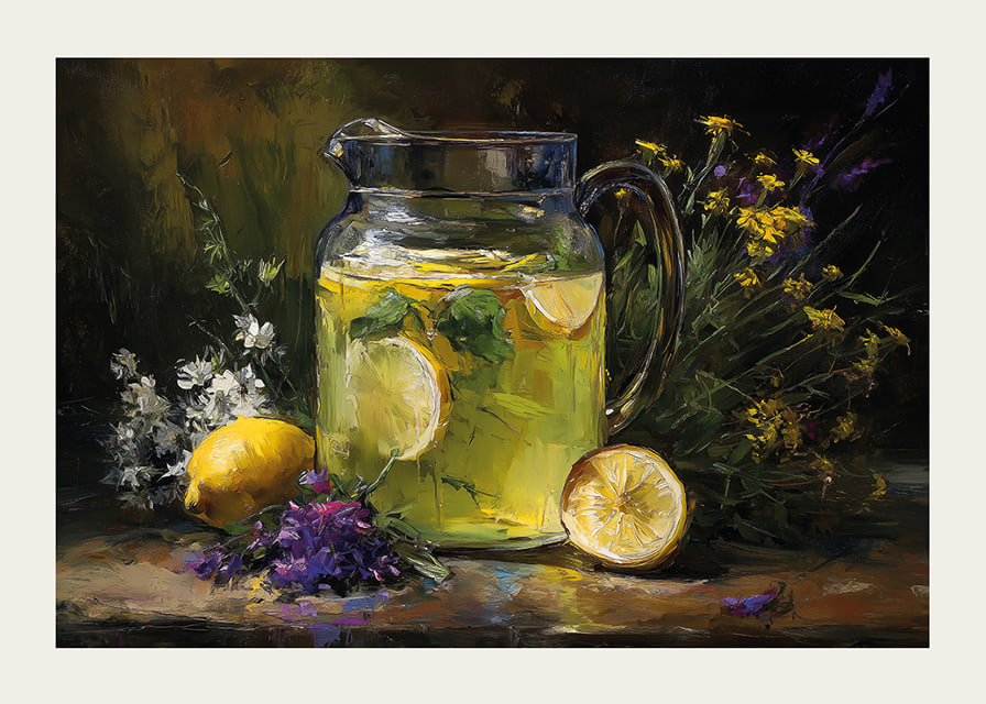 A colorful and calming scene with lemons and flowers.-12