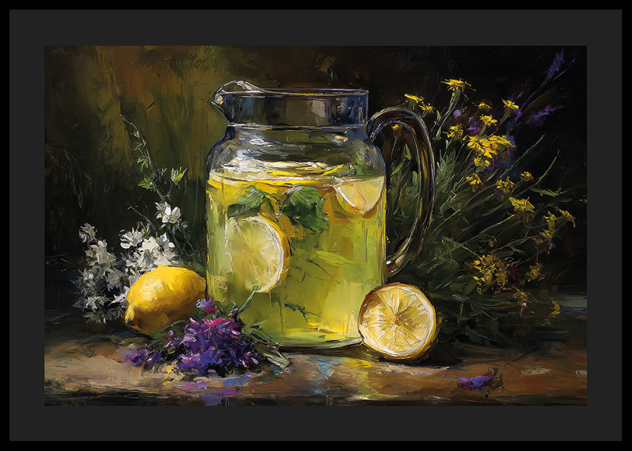 A colorful and calming scene with lemons and flowers.-12