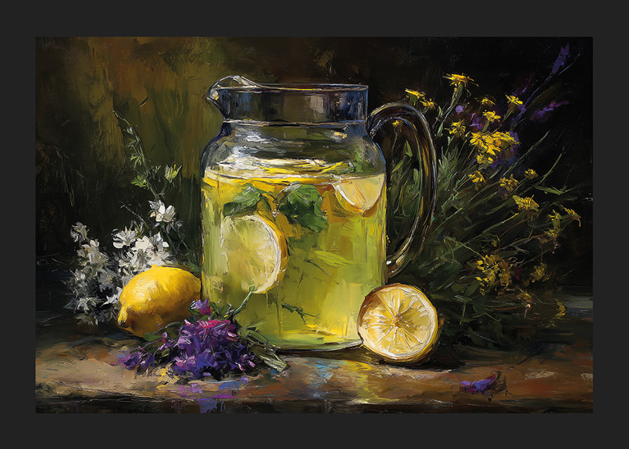 A colorful and calming scene with lemons and flowers.-12