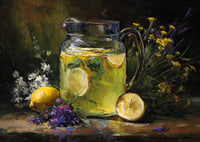 A colorful and calming scene with lemons and flowers.-7