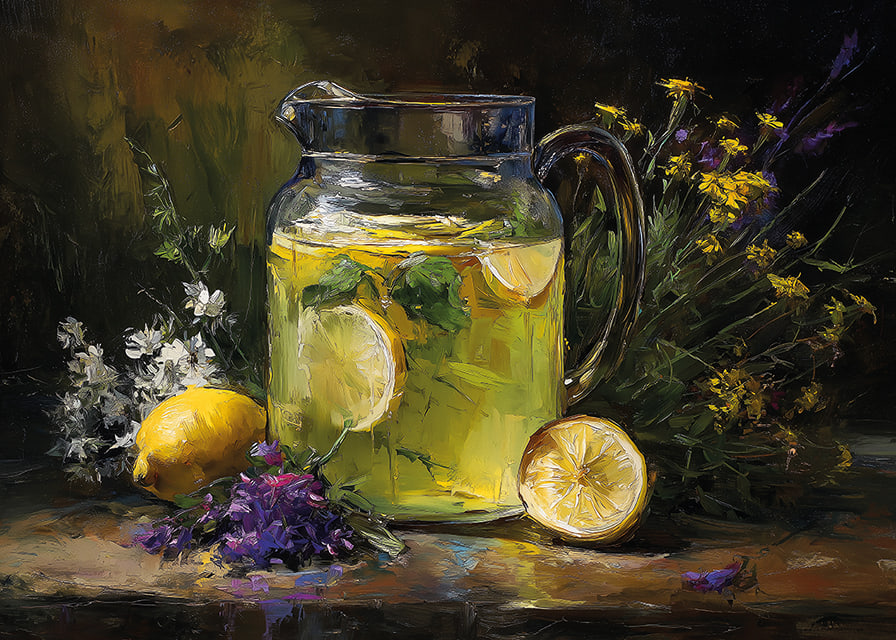 A colorful and calming scene with lemons and flowers.-12