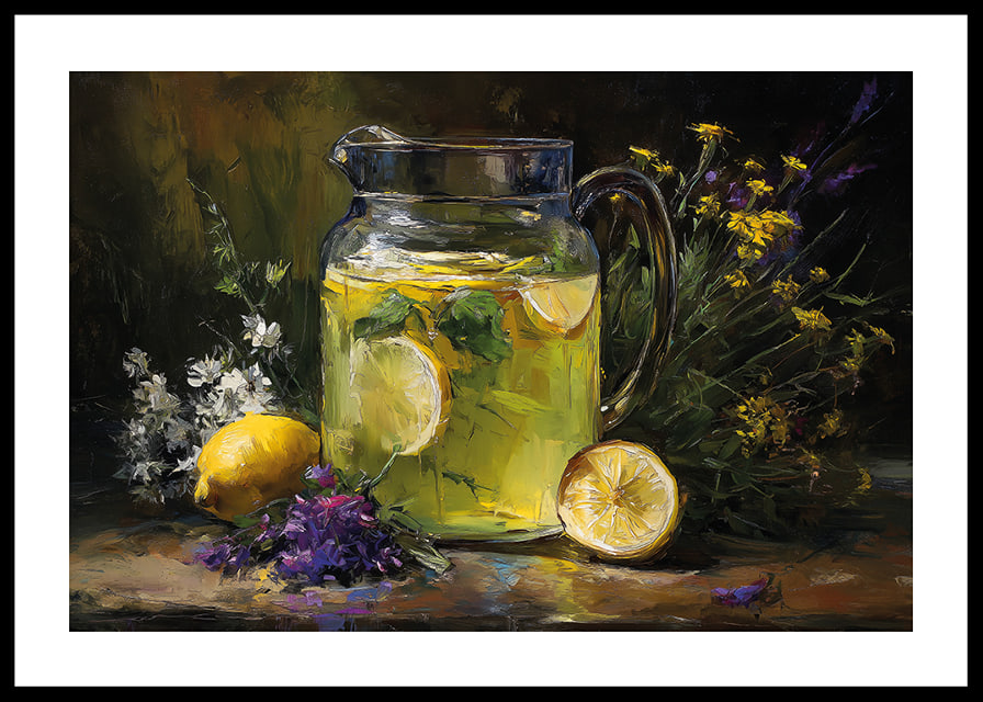 A colorful and calming scene with lemons and flowers.-12
