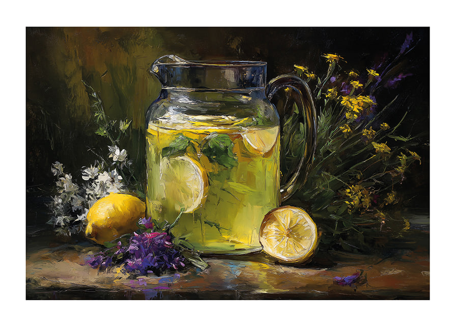 A colorful and calming scene with lemons and flowers.-12