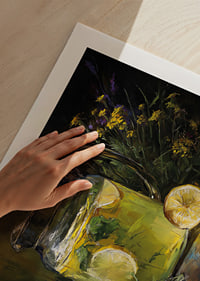 A colorful and calming scene with lemons and flowers.-9