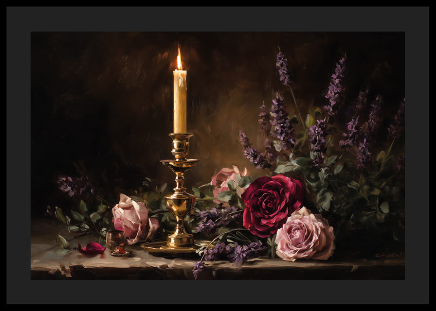 Blød, blomstret tusmørke med et tændt stearinlys.-12