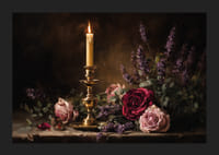 Blød, blomstret tusmørke med et tændt stearinlys.-5