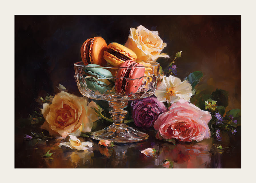 Et kunstværk af macarons og roser i perfekt harmoni.-12