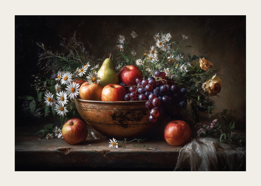 Un bol rempli de fruits frais et de fleurs dégage une beauté intemporelle.-12