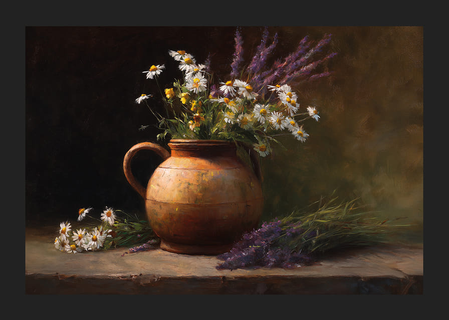 Un bouquet rustico in un vecchio vaso di ceramica irradia tranquillità.-12