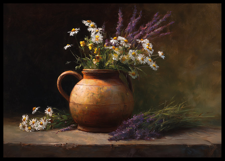 A rustic bouquet in an old ceramic pot radiates tranquility.-12