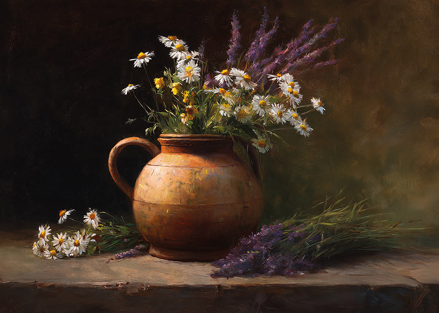 A rustic bouquet in an old ceramic pot radiates tranquility.-12