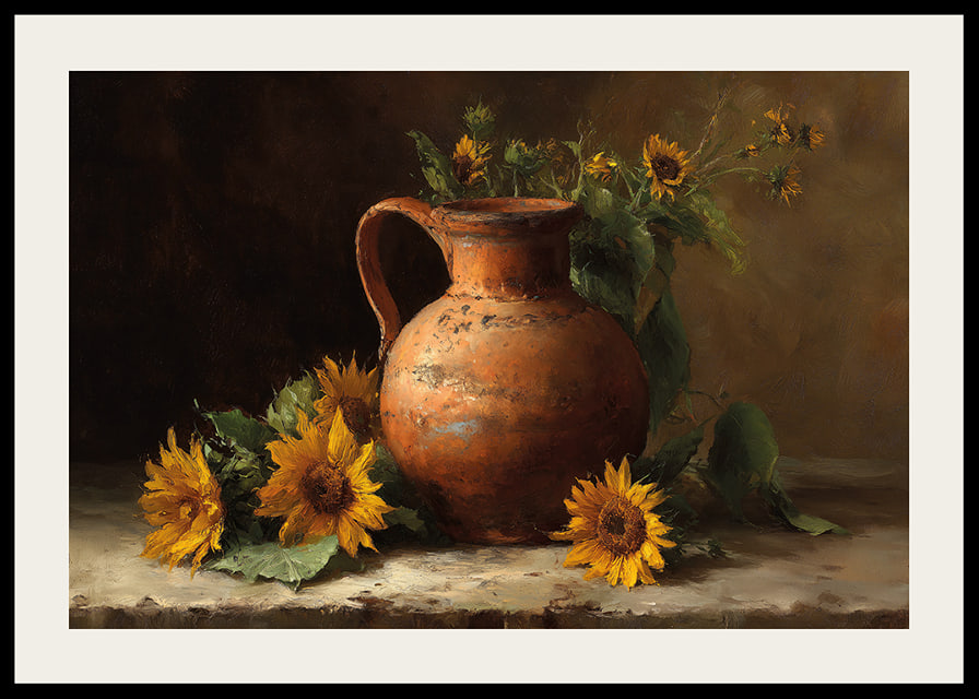 Sun-filled sunflowers and an antique pot fill the room with warmth.-12