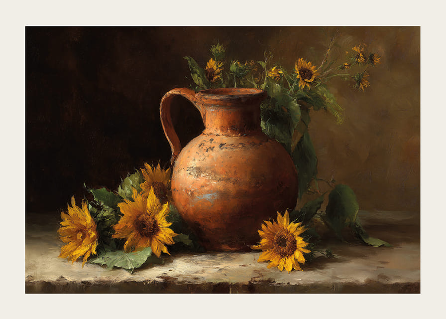 Girasoli pieni di sole e un vaso antico riempiono la stanza di calore.-12