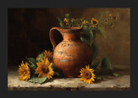 Sun-filled sunflowers and an antique pot fill the room with warmth.-5
