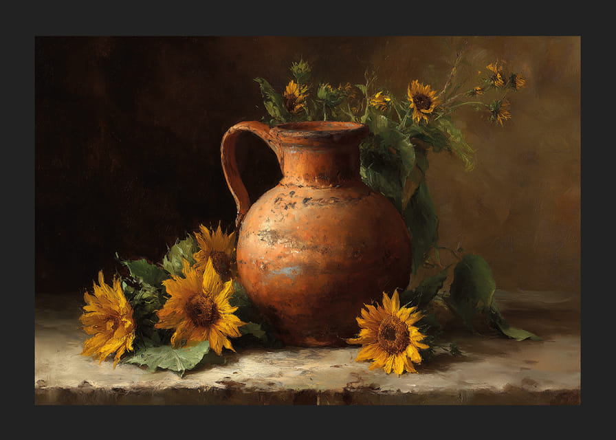 Girasoli pieni di sole e un vaso antico riempiono la stanza di calore.-12