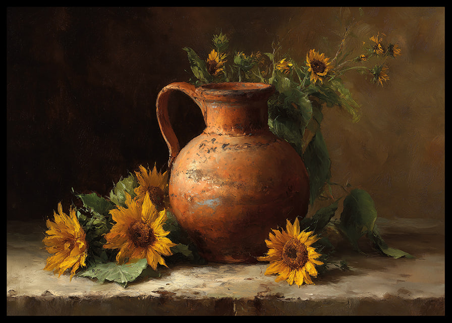 Sun-filled sunflowers and an antique pot fill the room with warmth.-12