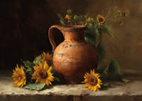 Sun-filled sunflowers and an antique pot fill the room with warmth.-7