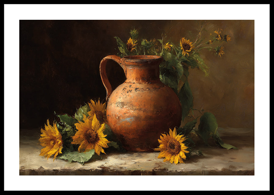 Sun-filled sunflowers and an antique pot fill the room with warmth.-12