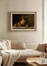 Sun-filled sunflowers and an antique pot fill the room with warmth.-8