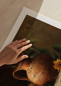 Sun-filled sunflowers and an antique pot fill the room with warmth.-9