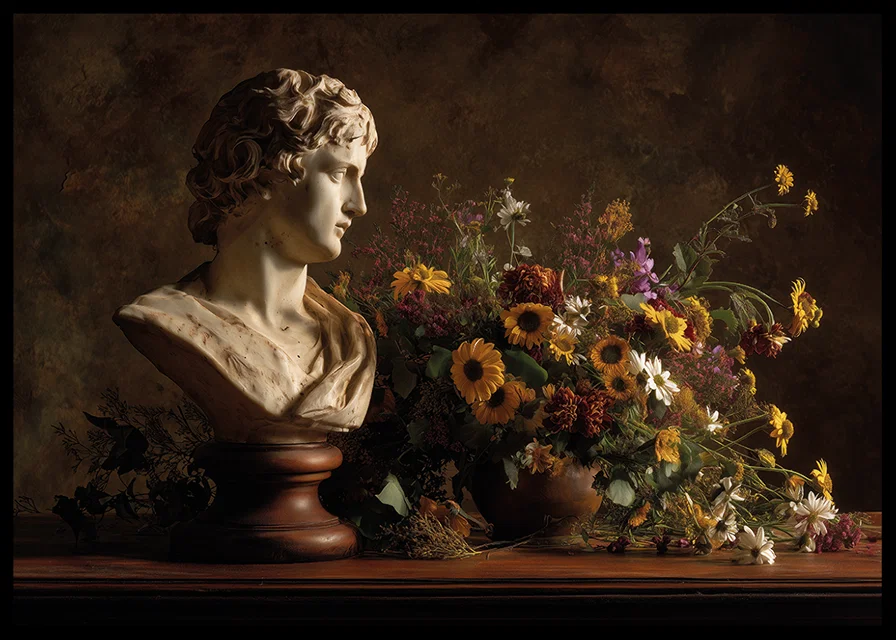 Klassisk byst med livfull blomsterrikedom.-12