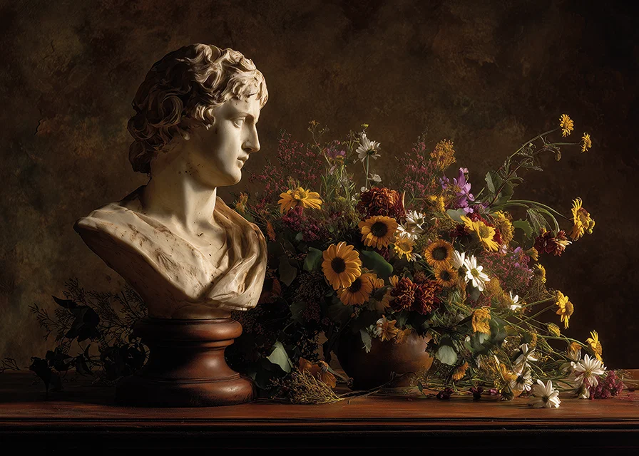 Klassisk byst med livfull blomsterrikedom.-12