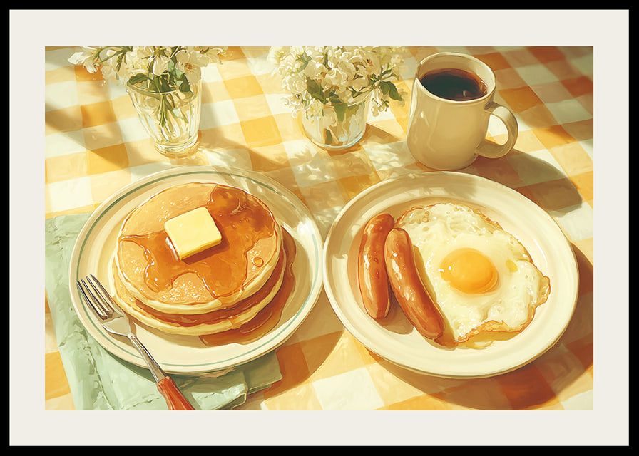 A sunny breakfast of pancakes and eggs in a warm atmosphere.-12