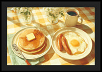 A sunny breakfast of pancakes and eggs in a warm atmosphere.-4