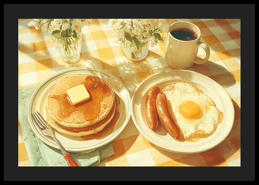 A sunny breakfast of pancakes and eggs in a warm atmosphere.-12