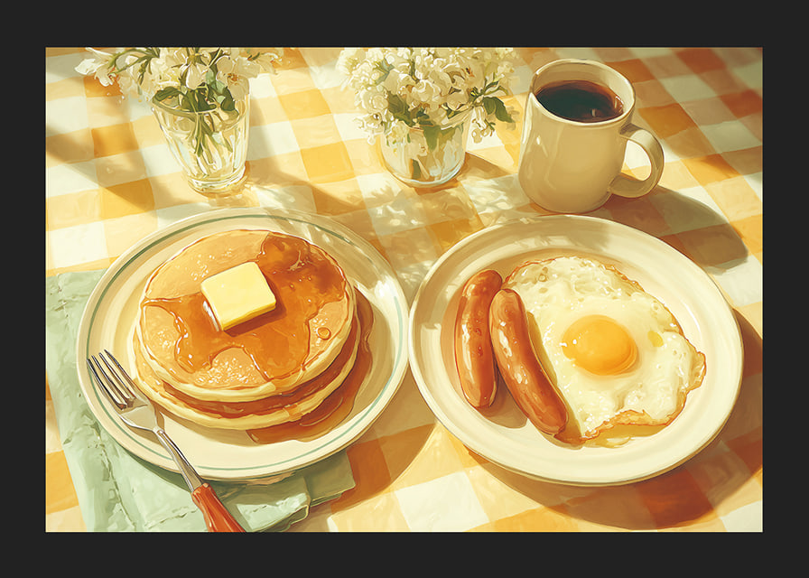 A sunny breakfast of pancakes and eggs in a warm atmosphere.-12