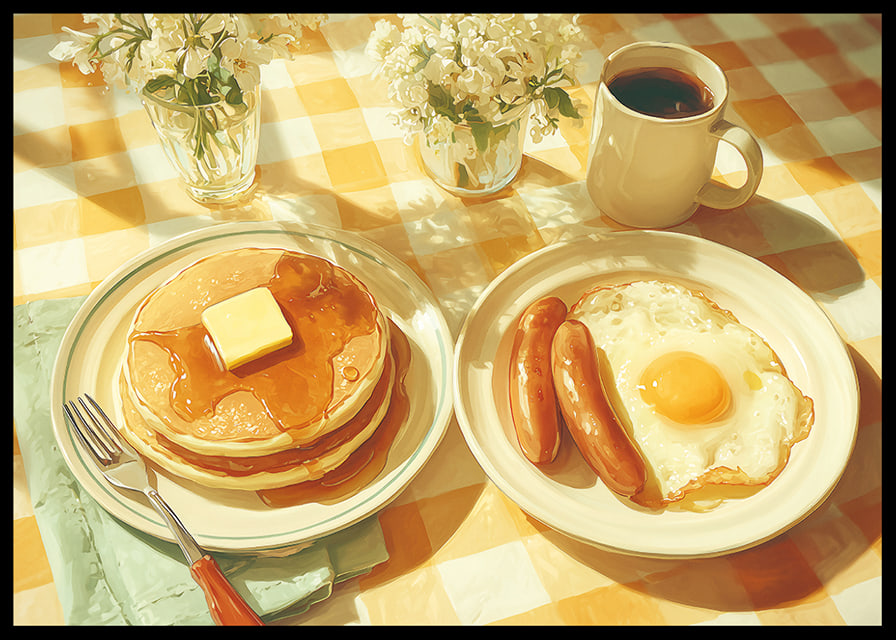 A sunny breakfast of pancakes and eggs in a warm atmosphere.-12