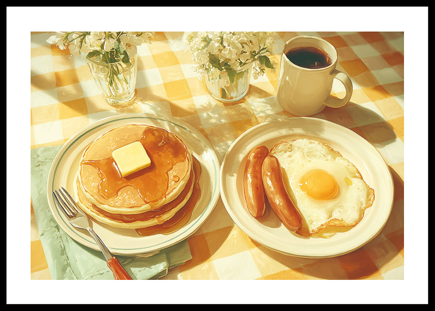 A sunny breakfast of pancakes and eggs in a warm atmosphere.-12