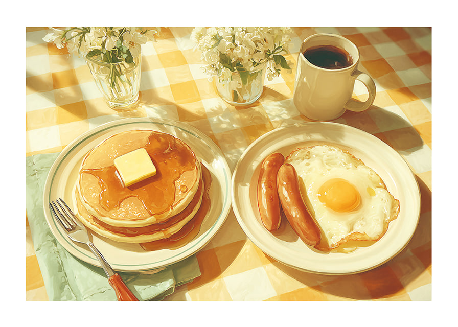 A sunny breakfast of pancakes and eggs in a warm atmosphere.-12