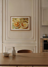 A sunny breakfast of pancakes and eggs in a warm atmosphere.-8