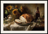 Ett stilleben av solrosor och bröd i naturligt ljus.-2