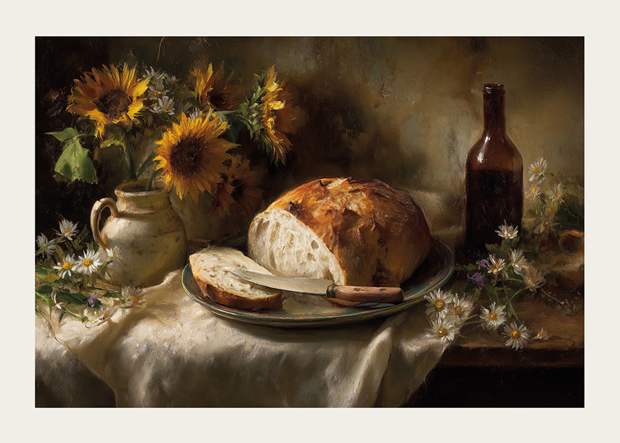 A still life of sunflowers and bread in natural light.-12