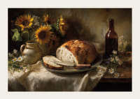 Ett stilleben av solrosor och bröd i naturligt ljus.-3