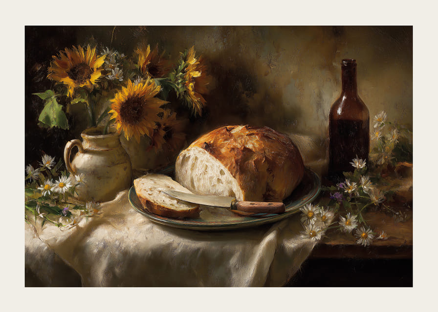 Ett stilleben av solrosor och bröd i naturligt ljus.-12