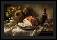 A still life of sunflowers and bread in natural light.-4