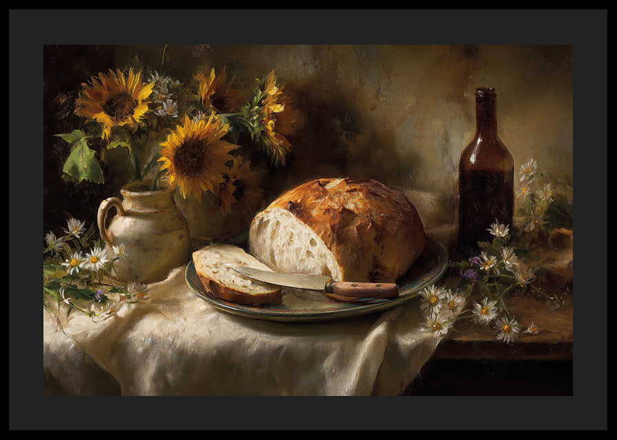 A still life of sunflowers and bread in natural light.-12