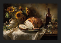 A still life of sunflowers and bread in natural light.-5