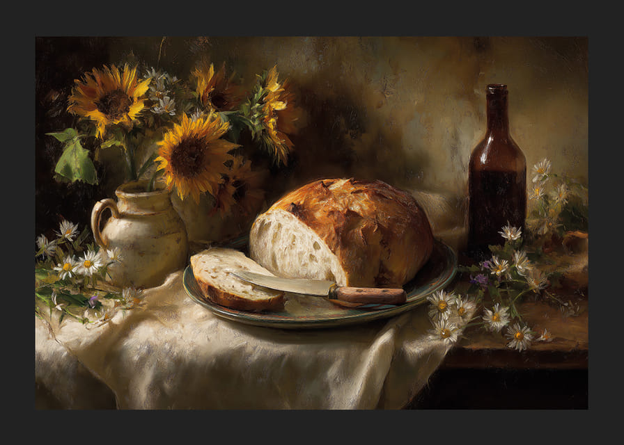 Ett stilleben av solrosor och bröd i naturligt ljus.-12