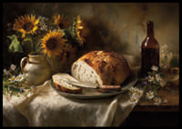 A still life of sunflowers and bread in natural light.-6