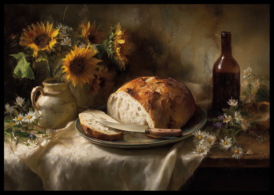 A still life of sunflowers and bread in natural light.-12