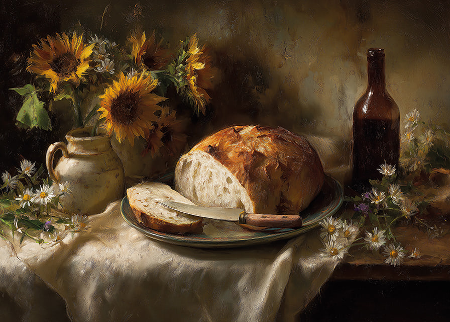 A still life of sunflowers and bread in natural light.-12