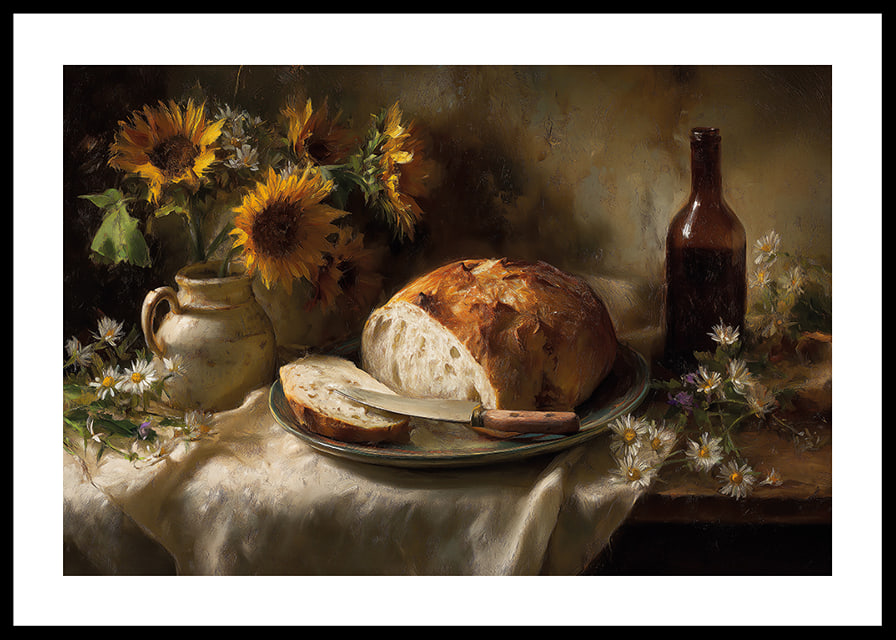 A still life of sunflowers and bread in natural light.-12
