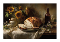 A still life of sunflowers and bread in natural light.-1