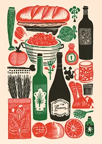 Colorful kitchen poster with delicacy motifs and a vintage feel.-1