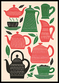 Colorful tea and coffee pots create charm and warmth.-0