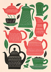 Colorful tea and coffee pots create charm and warmth.-1